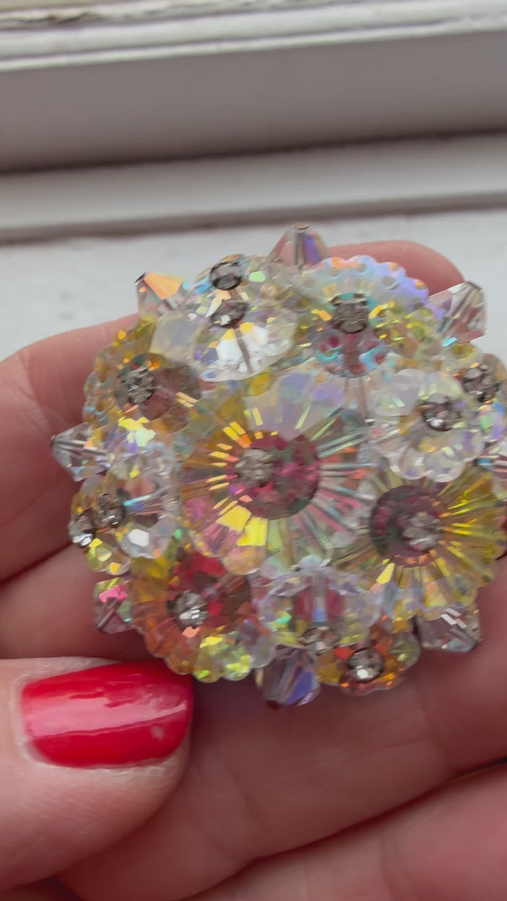 Aurora Borealus Vintage Crystal Beaded Rhinestone Brooch