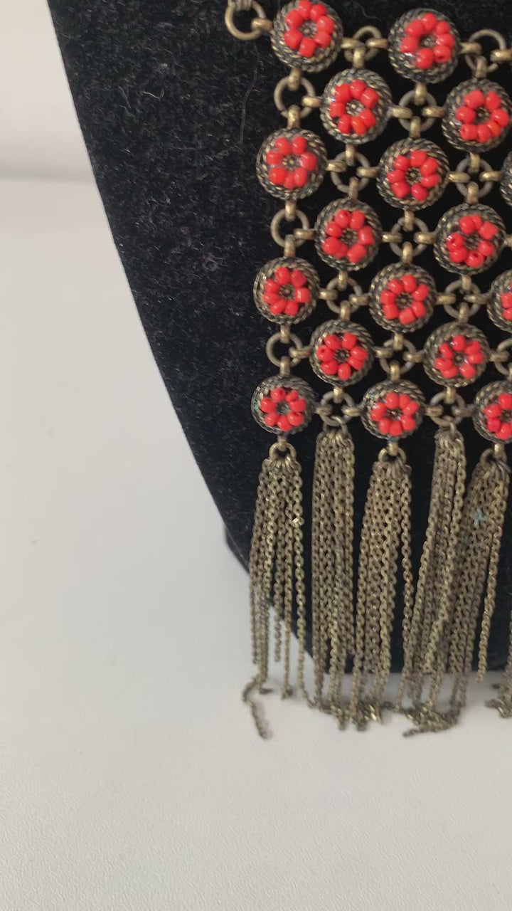 Orange and Gild Tone Fringed Statement Necklace
