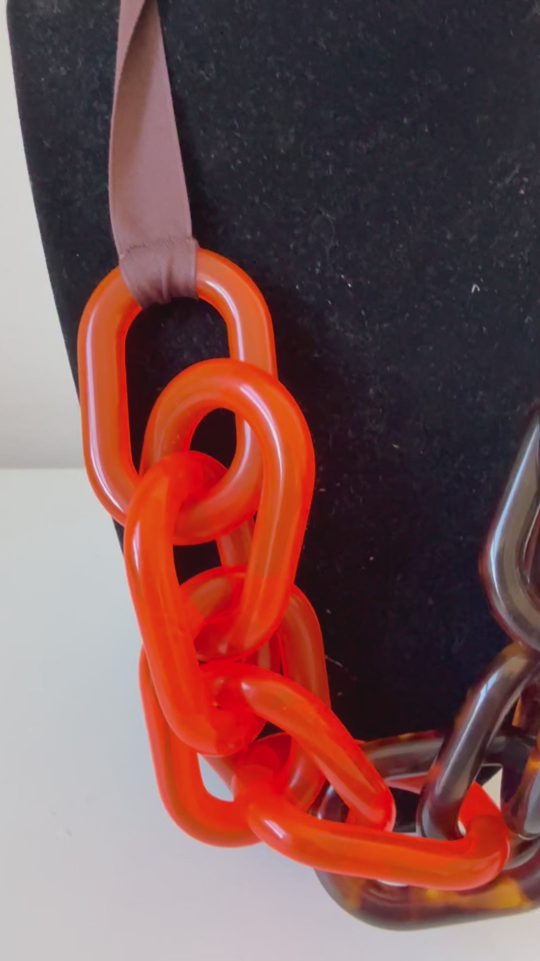 COS Orange & Brown Tortoise Chainlink Lucite Ribbon Necklace