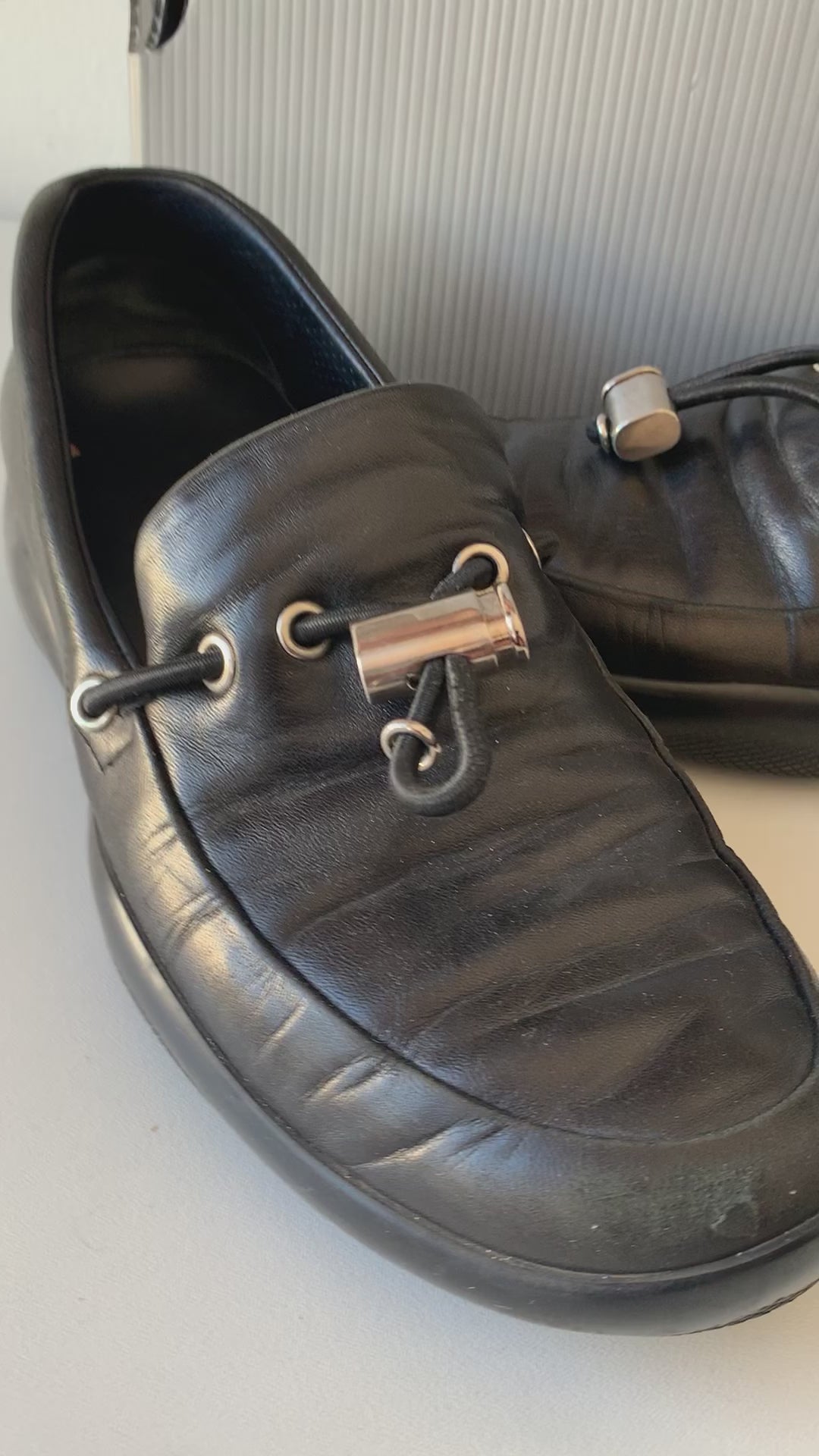 Prada Calazature Donna Black Leather Driving Slip Ons Size 37.5