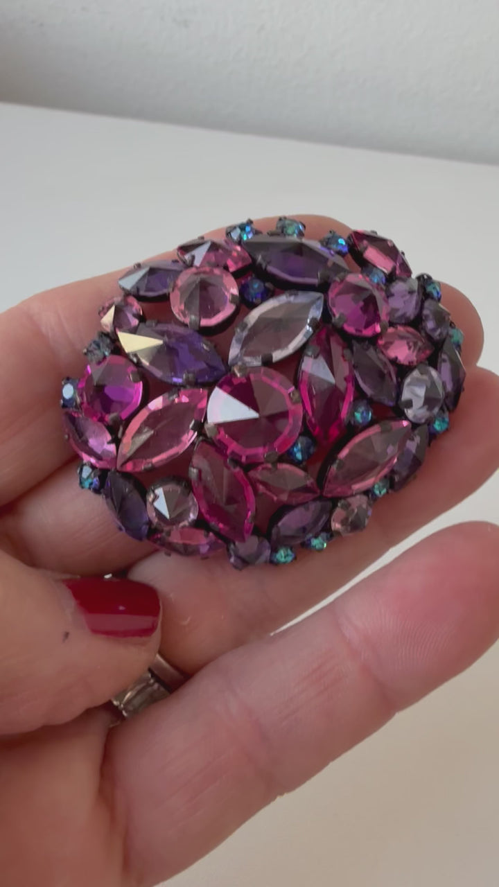 Vintage Regency Pink Aurora Borealus Rhinestone Cluster Leaf Brooch