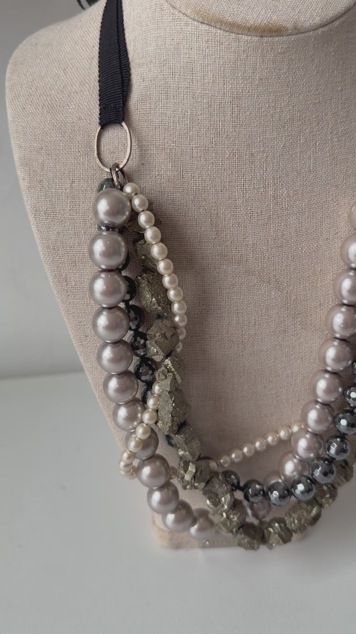 Chan Luu Mixed Media Multistrand Statement Necklace Grey/Black/Pearl