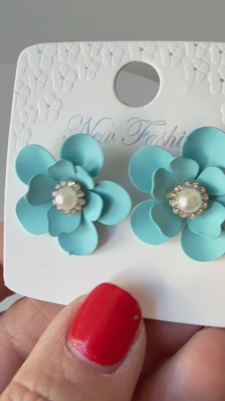 Enamel Floral Pierced Earrings In Aqua/Baby Blue NWT