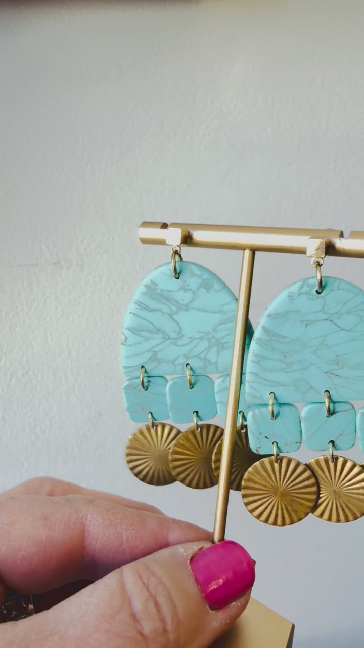 Bohemian Style Turquoise & Goldtone Dangle Pierced Earrings