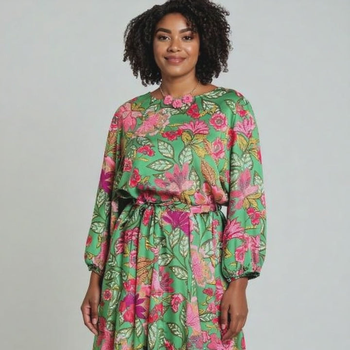 Sugarlips Evanna Green Floral Print Satin Dress Size 3X