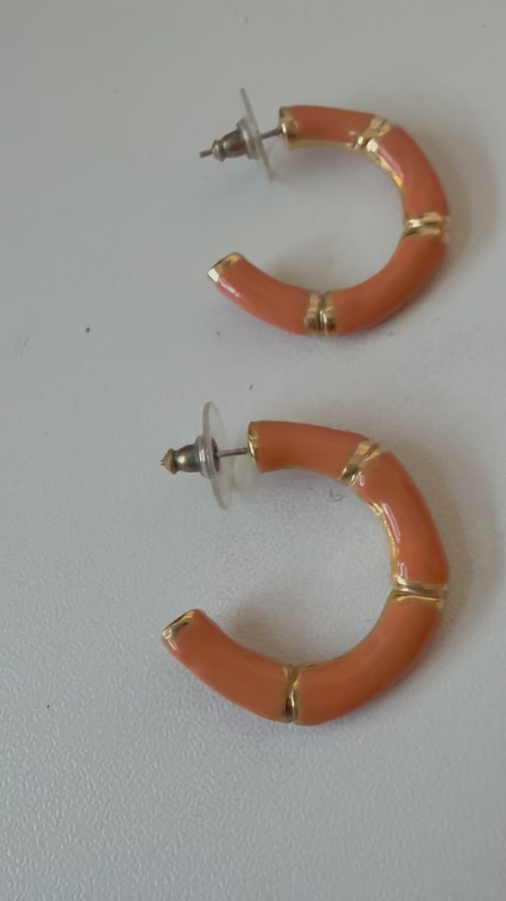 Kenneth Jay Lane Orange Enamel Bamboo Style Hoop Earrings