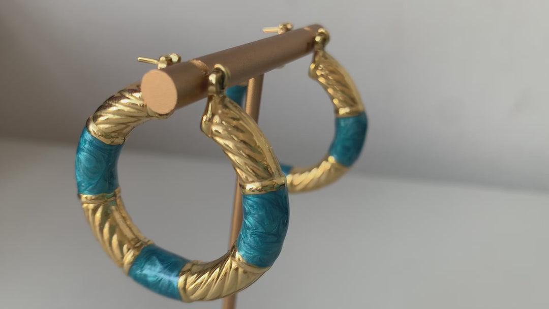 Gold and Blue Enamel Pierced Hoop Earrings
