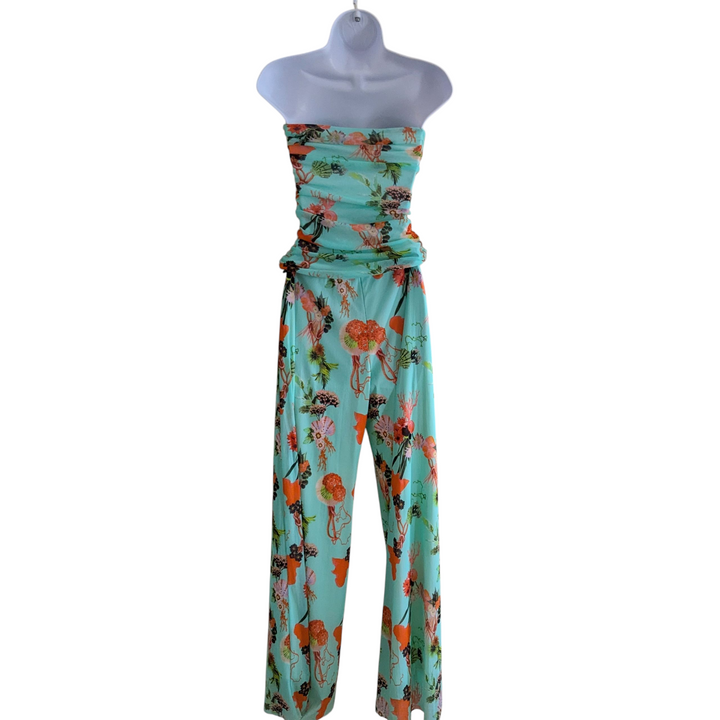 Fuzzi Strapless Jumpsuit in Aqua Print Size Large