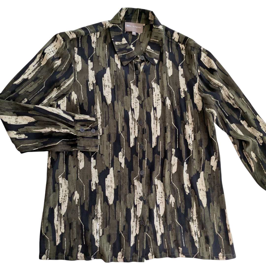 Bel Kazan Olive Print Blouse Size Medium