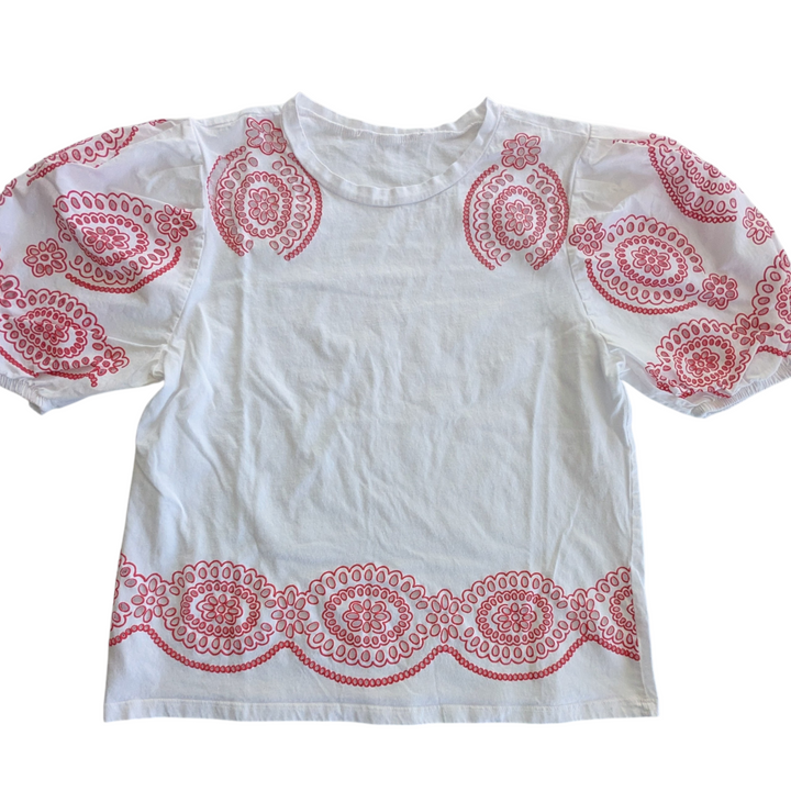 White Balloon Sleeve Tee with Red Eyelet Accents