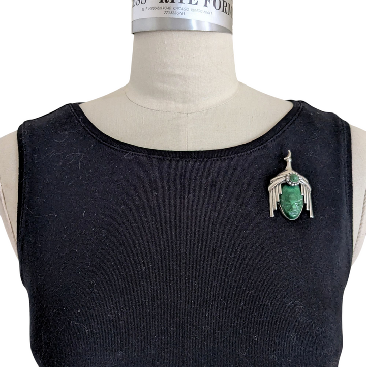 Mexican Silver Brooch with Carved Jade