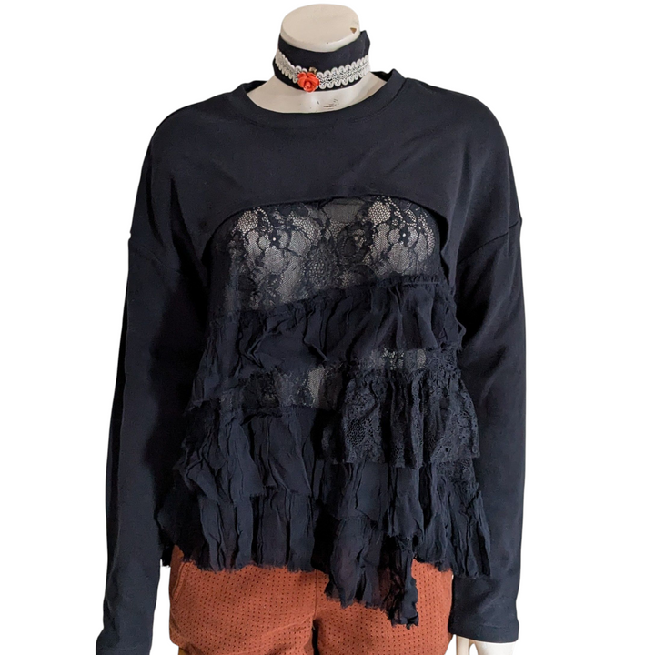 Anthropologie Flouncy Lace Fleece Top Size XS