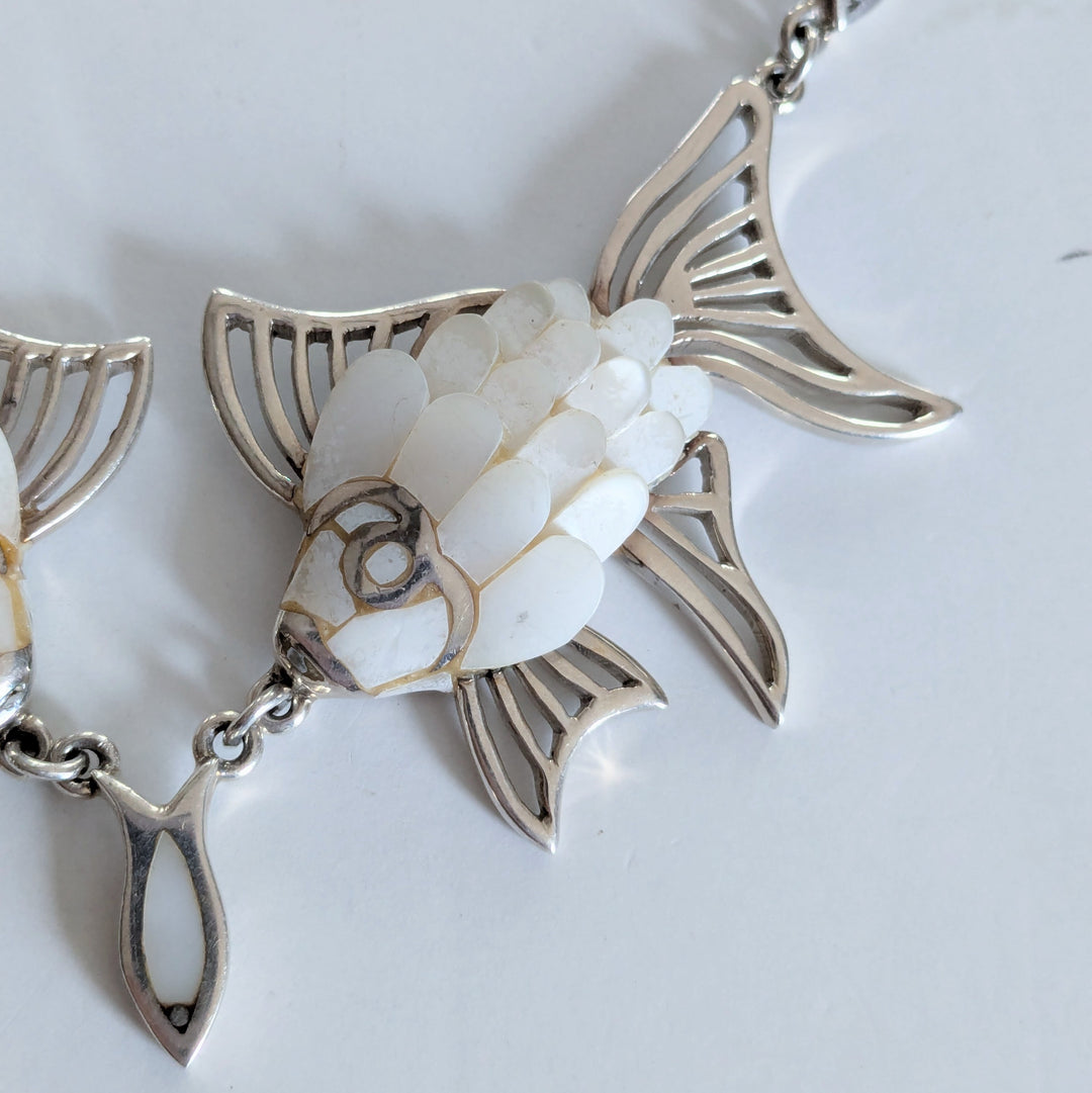 Vintage Mexican Sterling Necklace with Mother of Pearl Fish