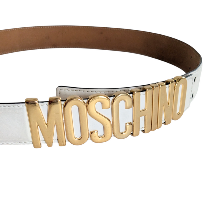 Moschino White Leather Logo Belt