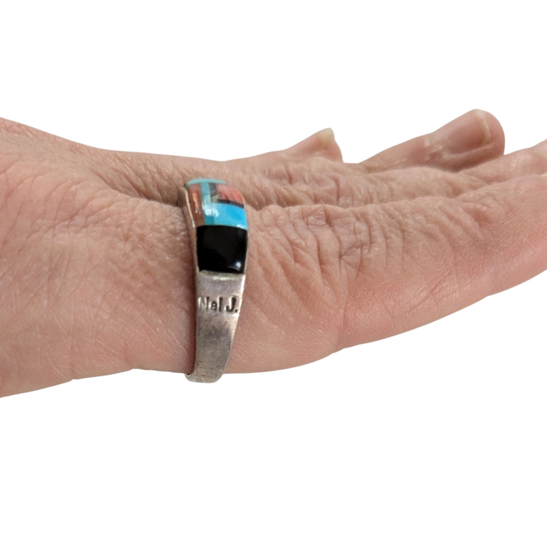 Nathaniel Johnson Navajo Sterling Ring with Turquoise and Coral Size 9