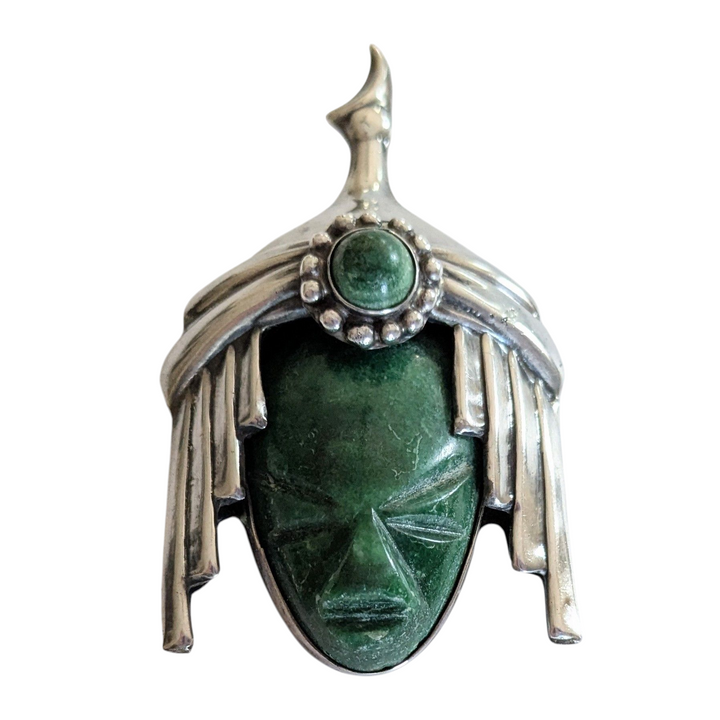 Mexican Silver Brooch with Carved Jade