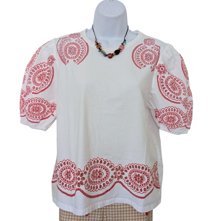 White Balloon Sleeve Tee with Red Eyelet Accents