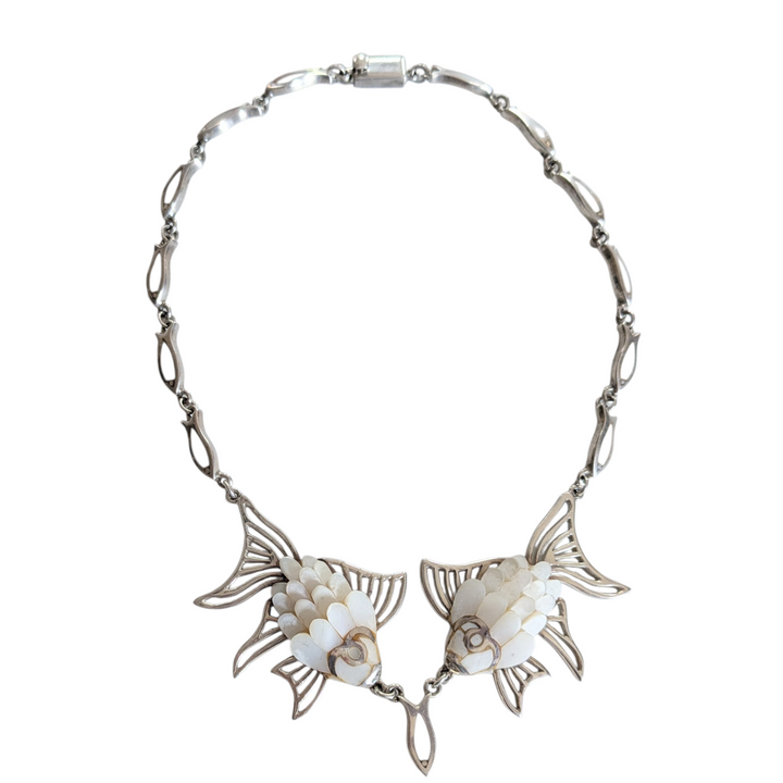 Vintage Mexican Sterling Necklace with Mother of Pearl Fish