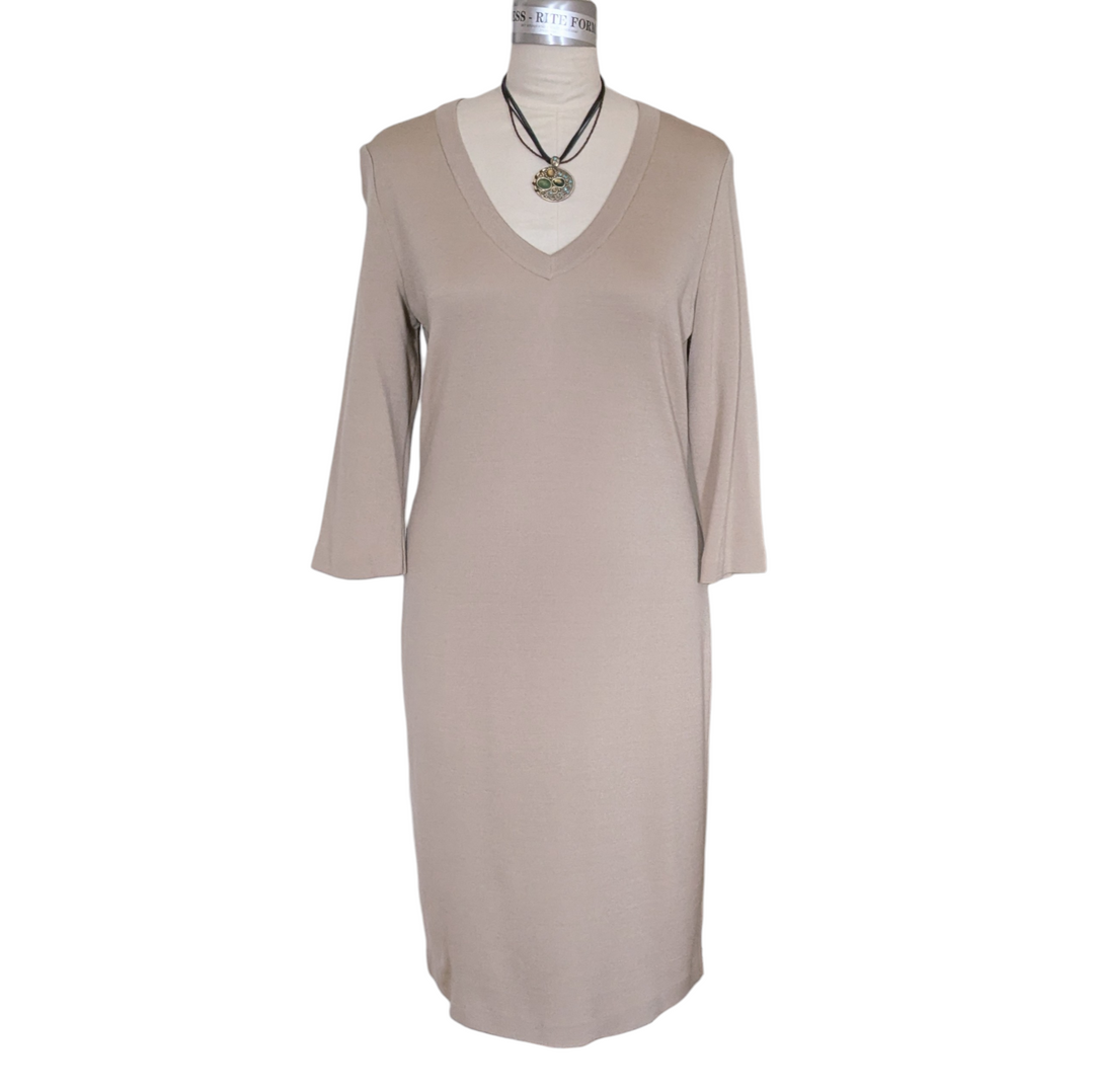 st john midi dress St. John Mixed Rib Knit 3/4-Sleeve Midi Sweater Dress