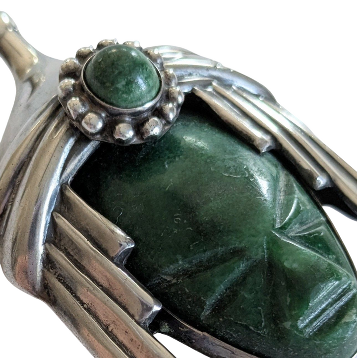 Mexican Silver Brooch with Carved Jade