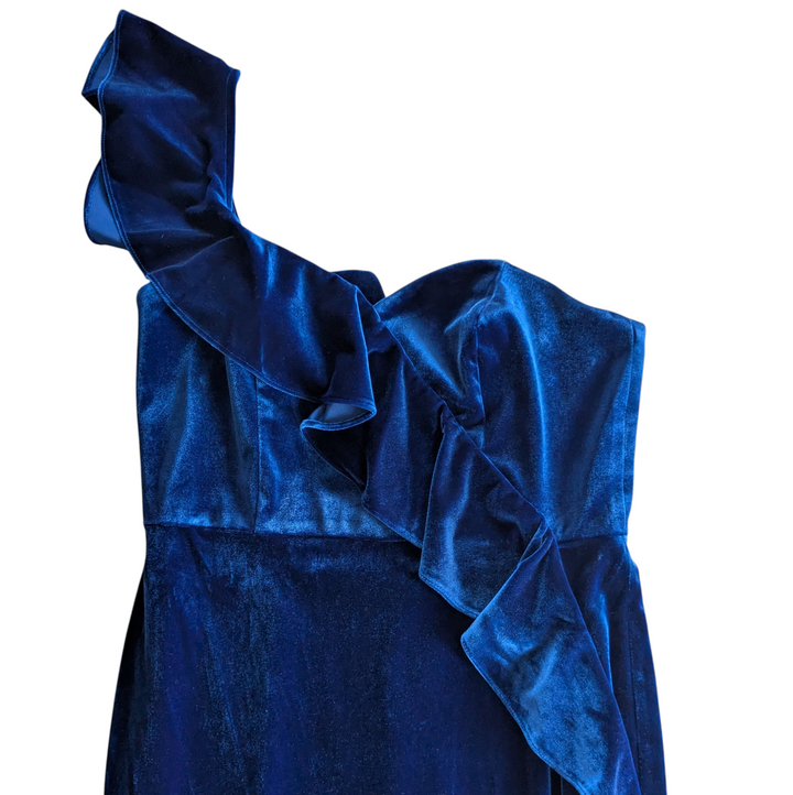 Aidan Mattoc Blue Velvet One Shoulder Cocktail Dress Size 10
