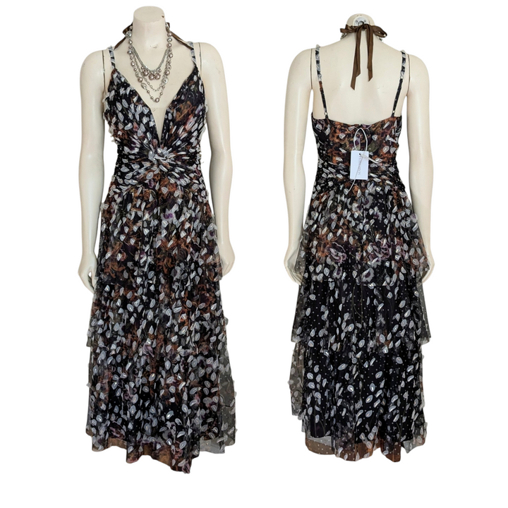 Marchesa Notte Tiered Leaf Applique Evening Dress Size 12