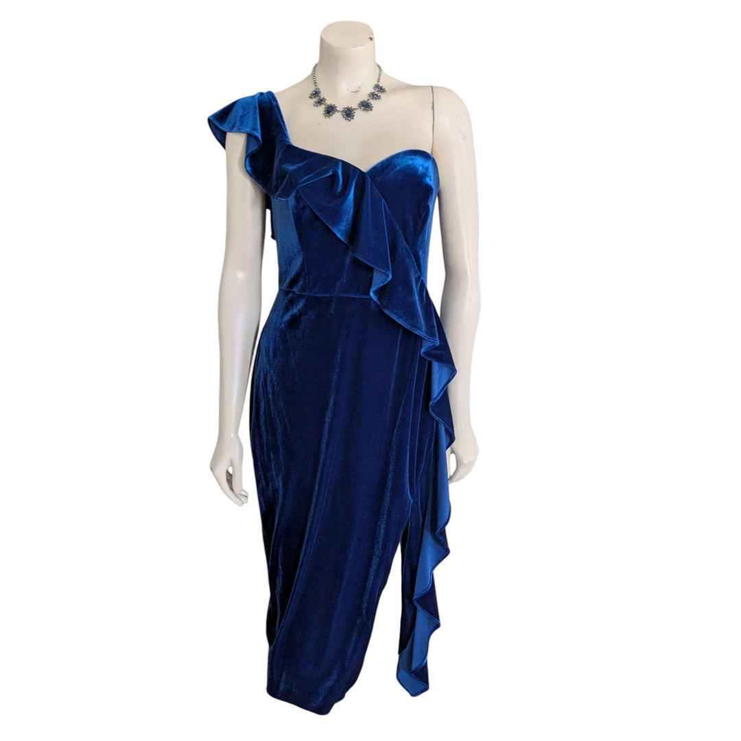 Aidan by Aidan Mattox Ruffled One-Shoulder Velvet Dress Deep Ocean Size 10 Aidan by Aidan Mattox Ruffled One-Shoulder Velvet Dress Deep Ocean Size 10