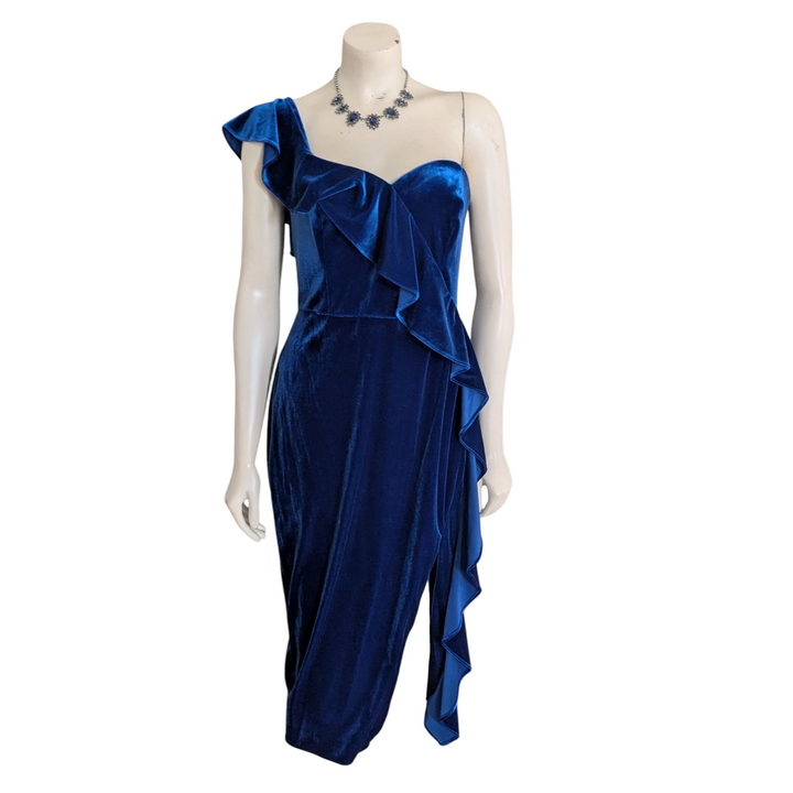 Aidan Mattoc Blue Velvet One Shoulder Cocktail Dress Size 10