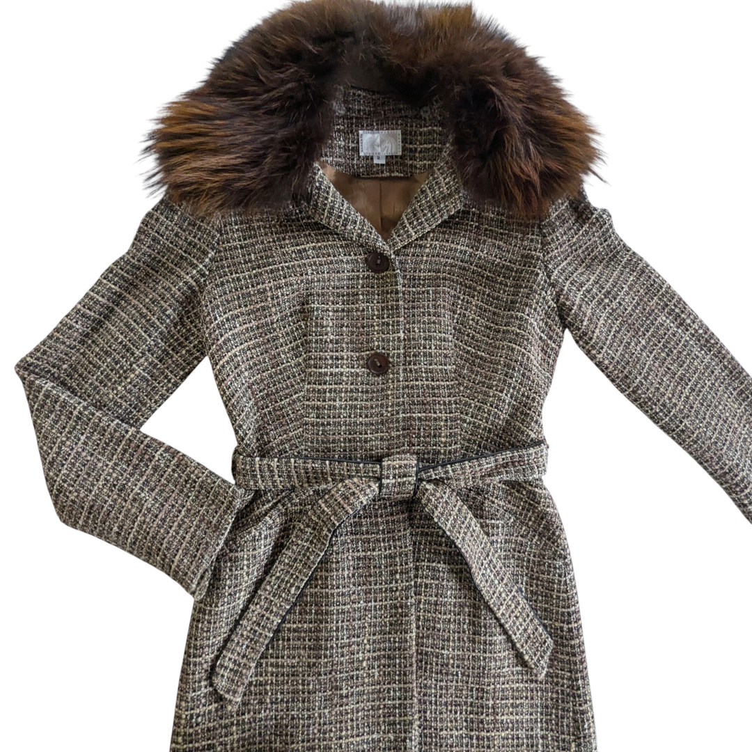 Alberto Makali Tweed Coat with Fur Trim Size 2