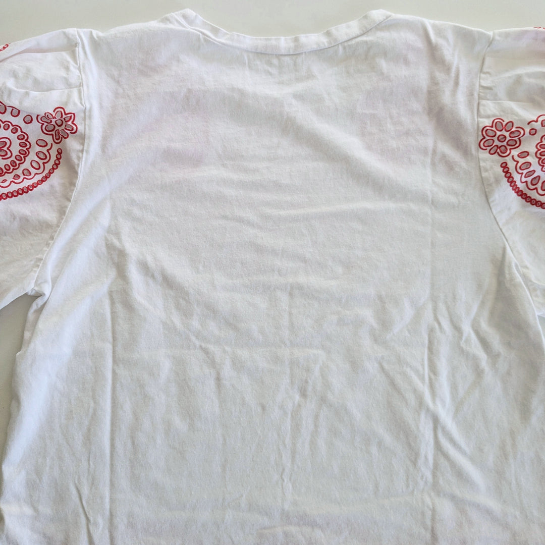 White Balloon Sleeve Tee with Red Eyelet Accents