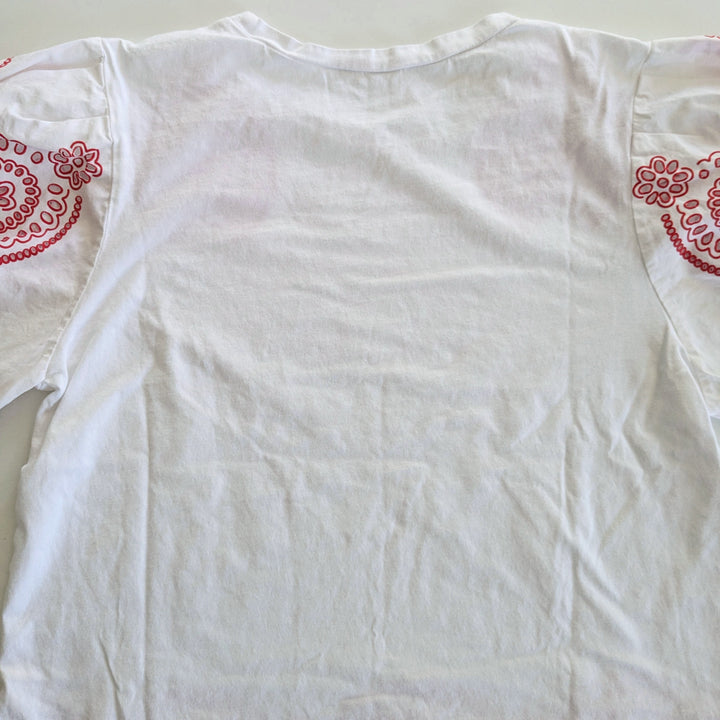 White Balloon Sleeve Tee with Red Eyelet Accents