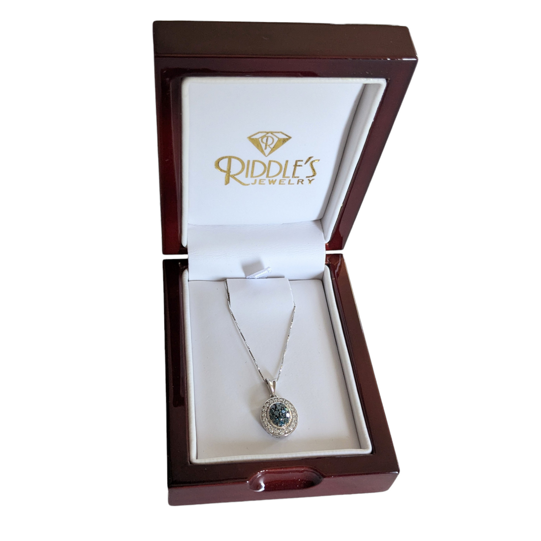 Blue and White Diamond Pendant Necklace in 14K White Gold