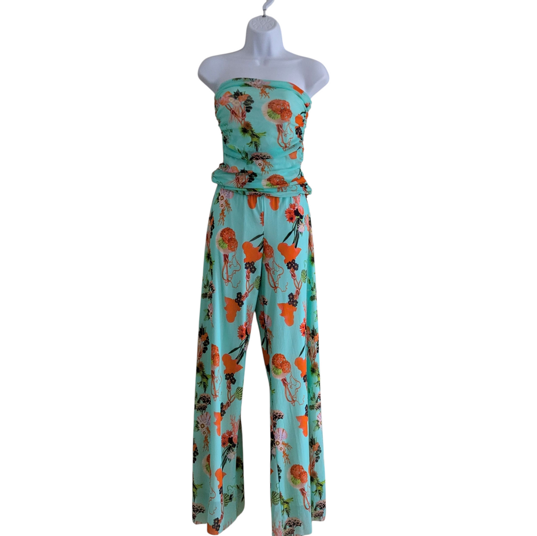 Fuzzi Strapless Jumpsuit in Aqua Print Size Large