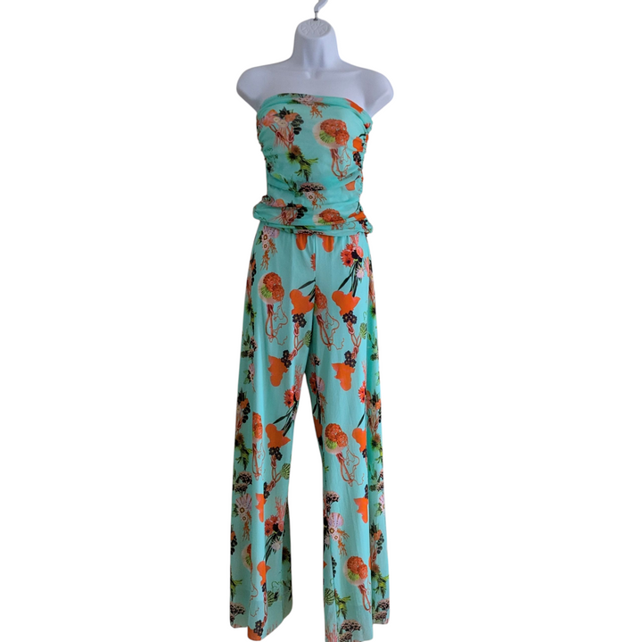 Fuzzi Strapless Jumpsuit in Aqua Print Size Large