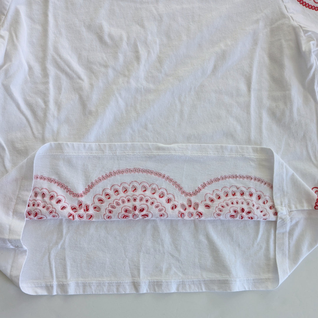 White Balloon Sleeve Tee with Red Eyelet Accents