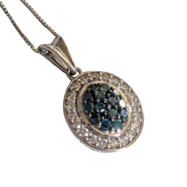 Blue and White Diamond Pendant Necklace in 14K White Gold