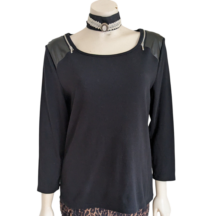 Rafaella Black Sweater with Faux Leather Accents Size Large