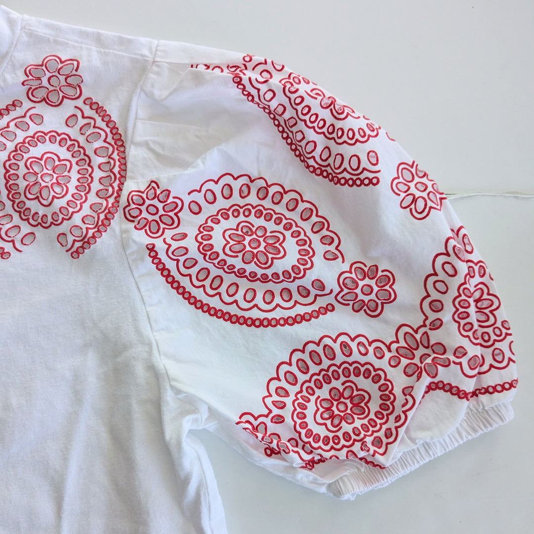 White Balloon Sleeve Tee with Red Eyelet Accents