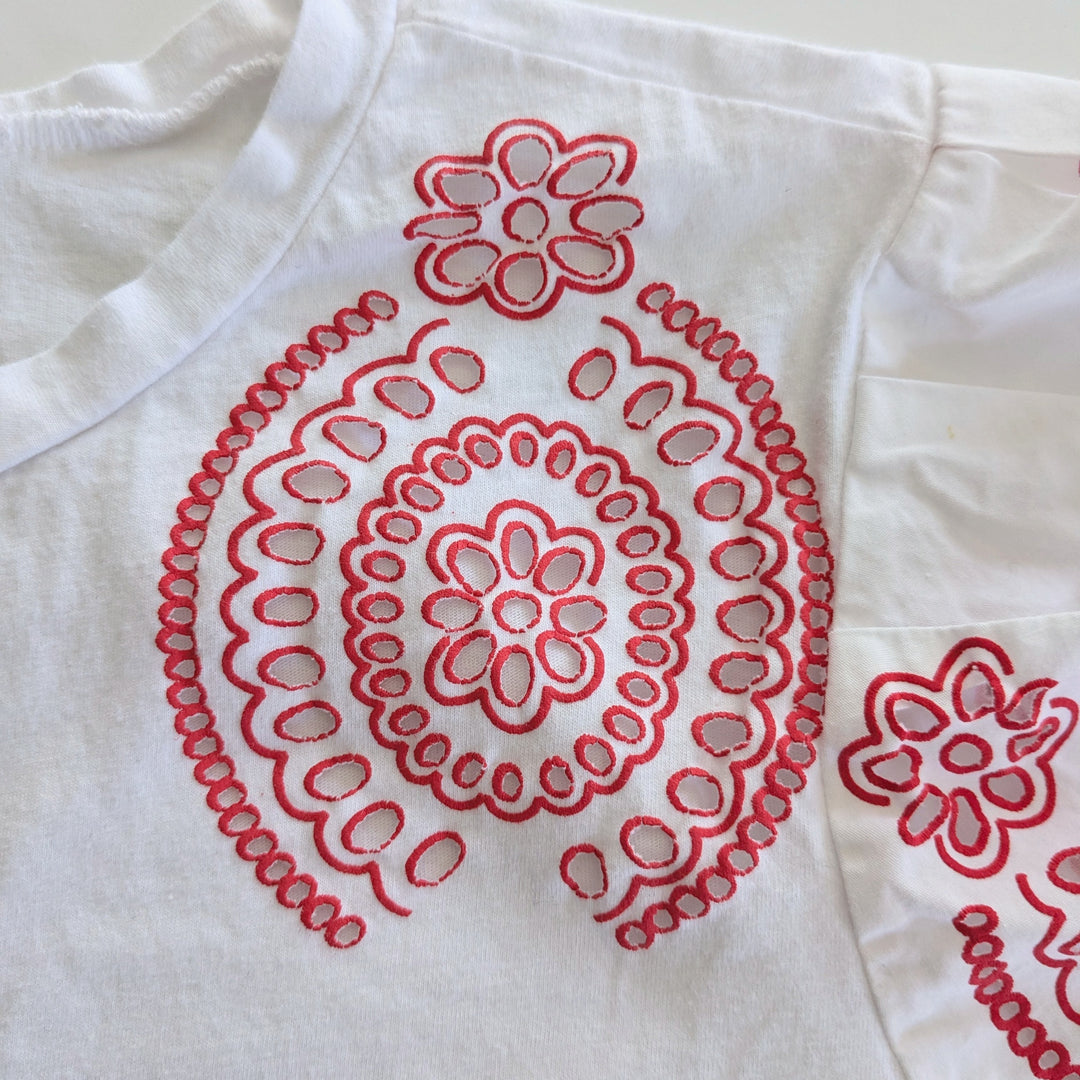 White Balloon Sleeve Tee with Red Eyelet Accents