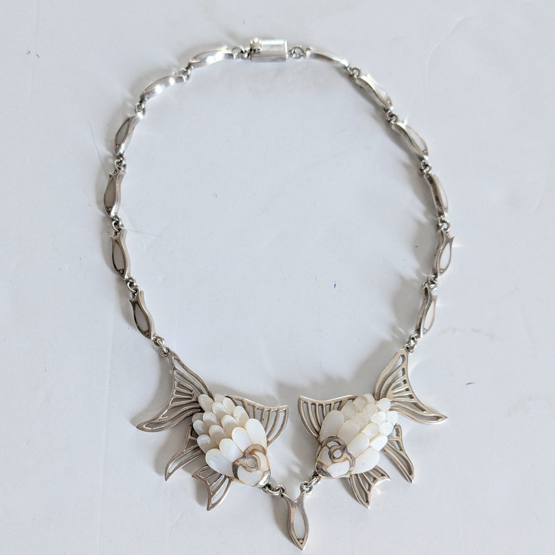 Vintage Mexican Sterling Necklace with Mother of Pearl Fish