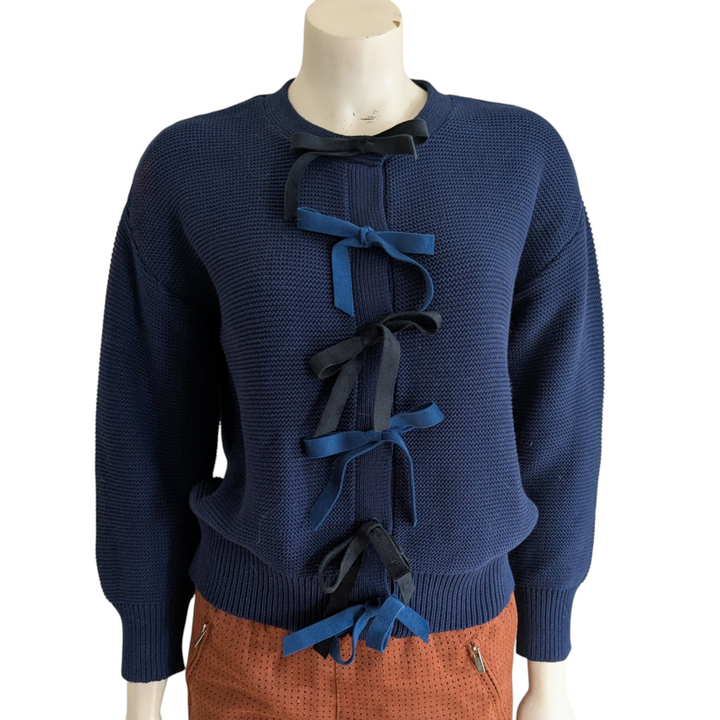 Upcycled Knit Cardigan with Bow Accent Size Small