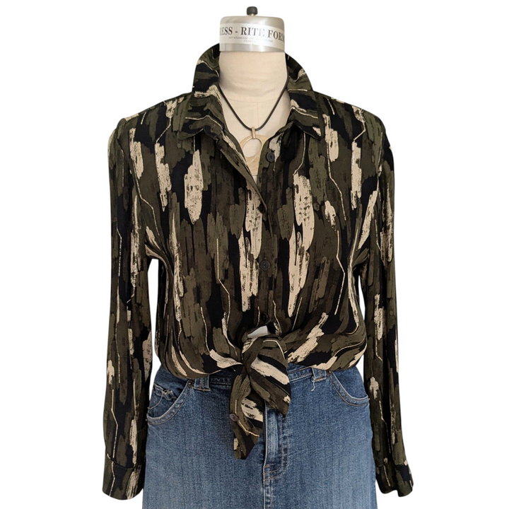 Bel Kazan Olive Print Blouse Size Medium