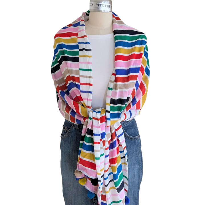 Striped Scarf With Pom Poms