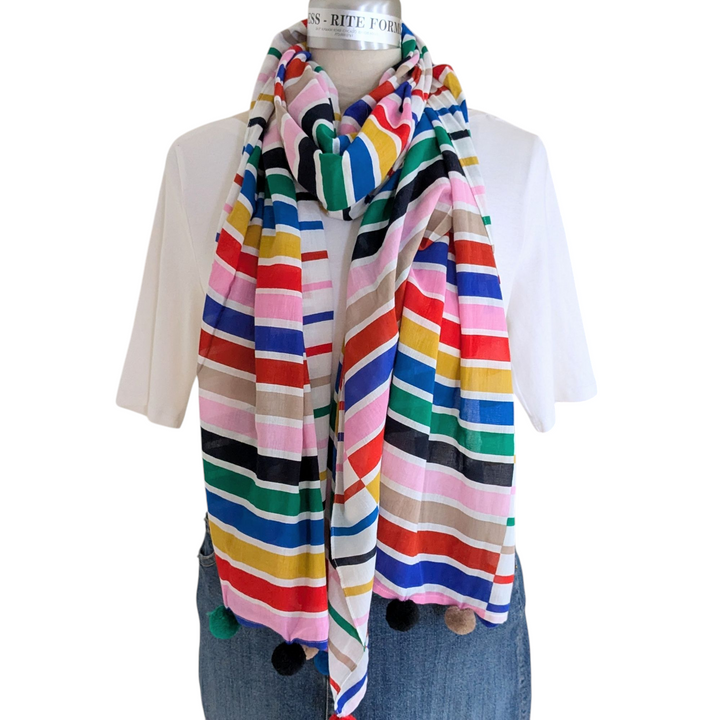 Striped Scarf With Pom Poms