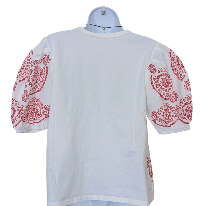 White Balloon Sleeve Tee with Red Eyelet Accents