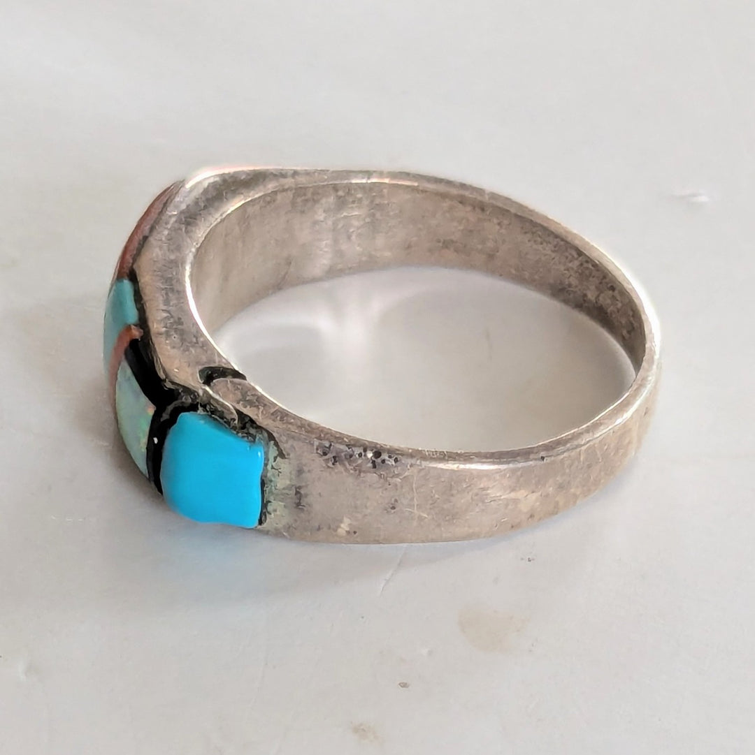 Nathaniel Johnson Navajo Sterling Ring with Turquoise and Coral Size 9