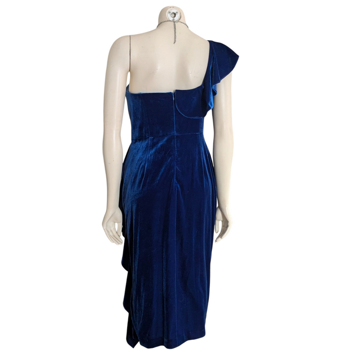 Aidan Mattoc Blue Velvet One Shoulder Cocktail Dress Size 10