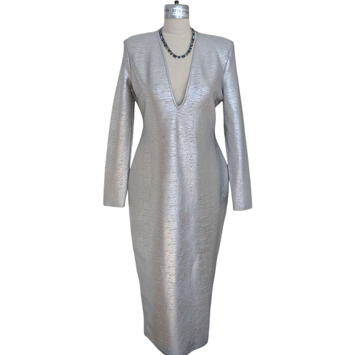 Karen Millen Silver Foil Midi Dress Size Large NWT – C&J Collections Chicago