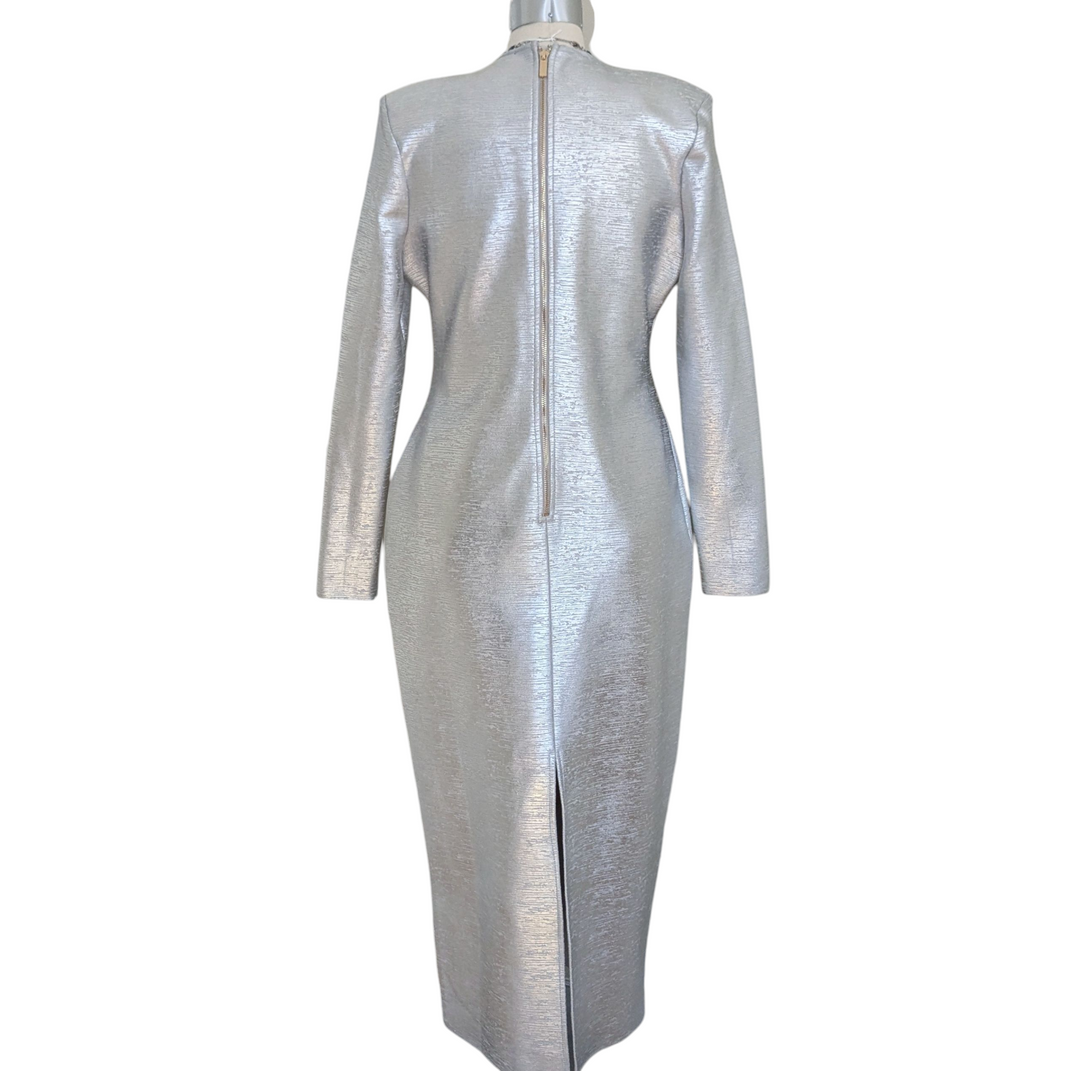 Karen Millen Womens Foiled Figure Form Bandage V Neck Knit Midaxi Dress - Silver - Size L Karen Millen Womens Foiled Figure Form Bandage V Neck Knit Midaxi Dress - Silver - Size L