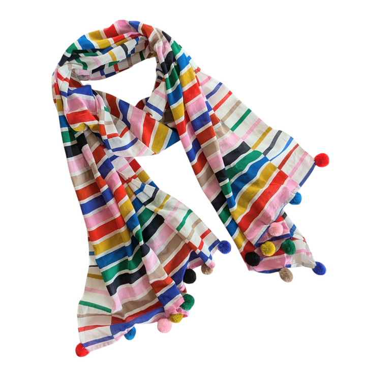 Striped Scarf With Pom Poms